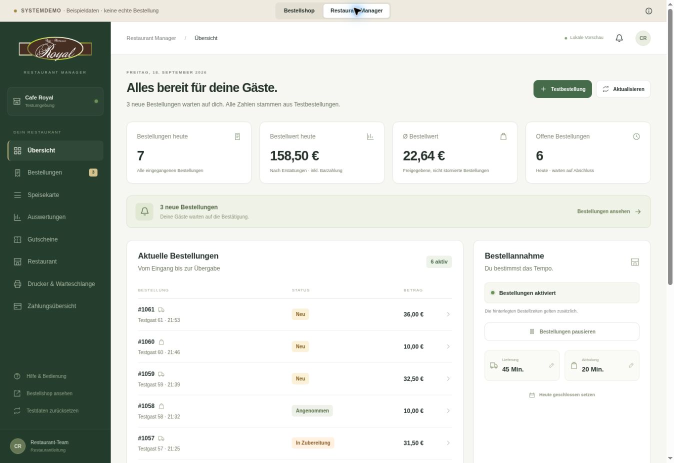 Café-Royal-Manager mit Testbestellungen, Status, Speisekartenpflege und Auswertungen