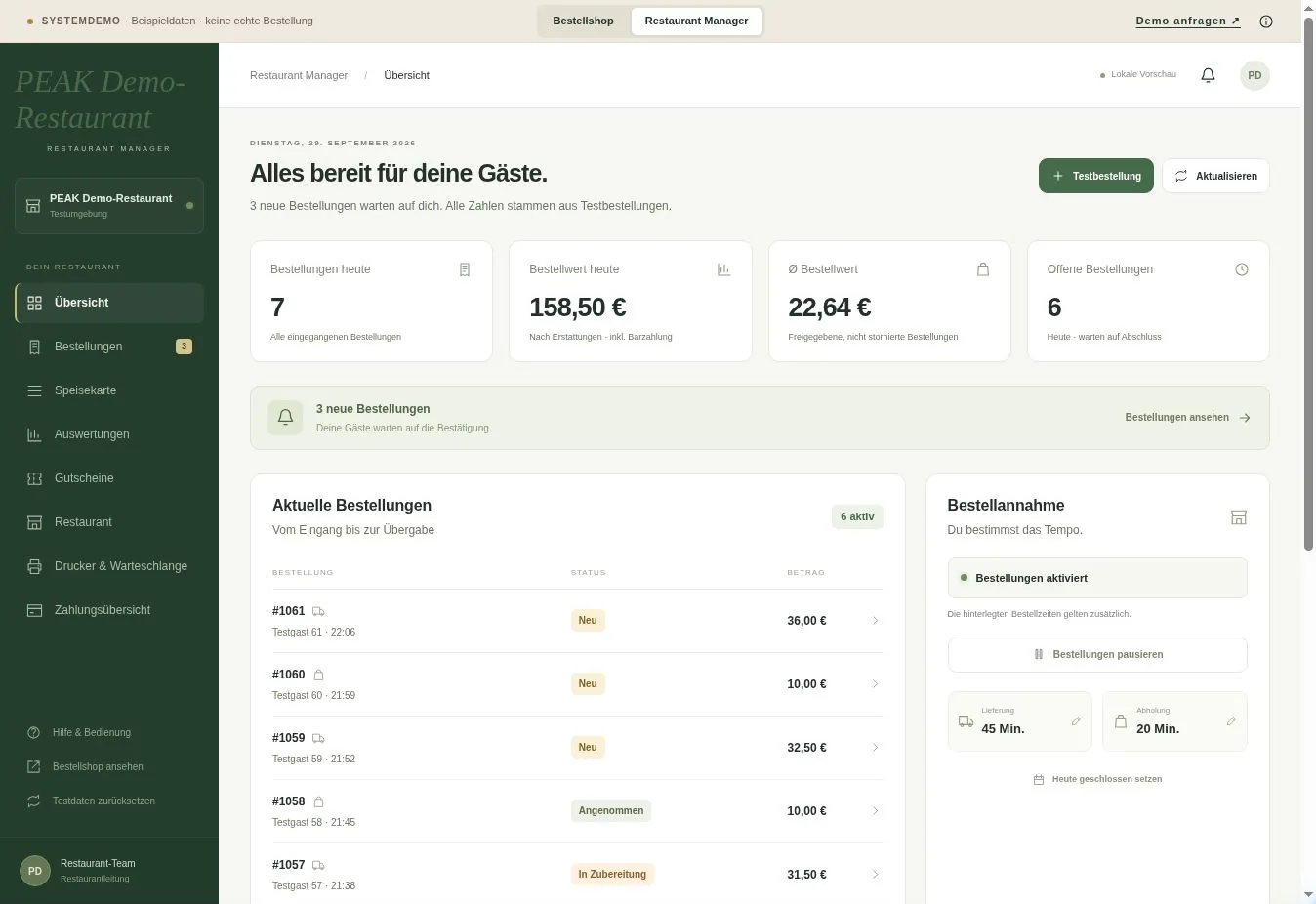 PEAK DIRECT Restaurant Manager mit Bestellübersicht und Testdaten