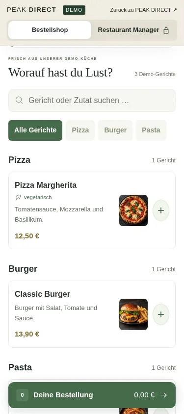 Mobiler PEAK-DIRECT-Demoshop mit Speisekarte und Warenkorb