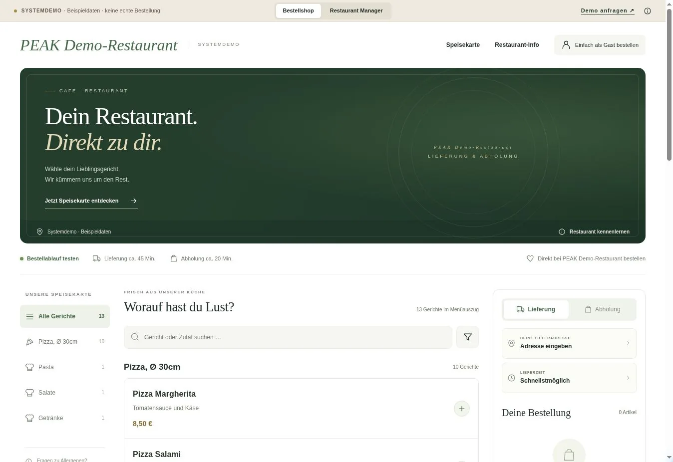 Echte PEAK-DIRECT-Bestellshop-Ansicht mit Speisekarte, Lieferung und Warenkorb