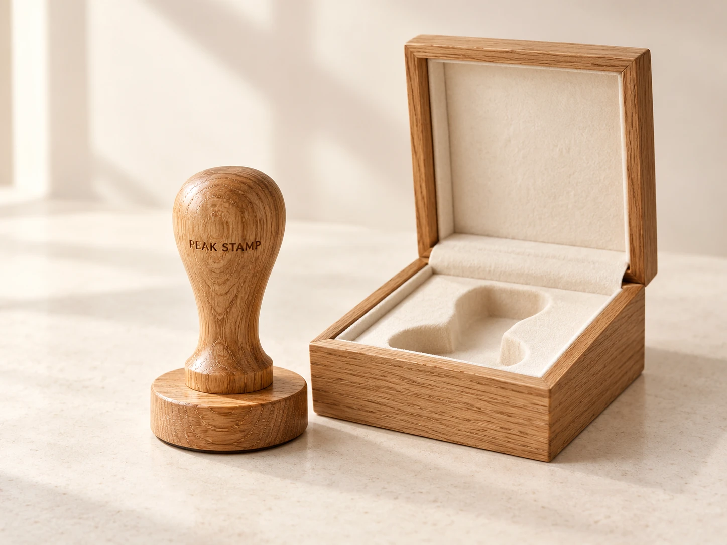 Produktvisualisierung: PEAK STAMP Holzstempel mit passender Holzbox